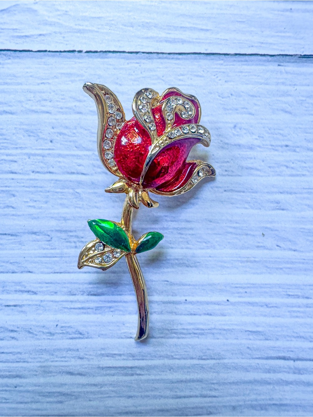 Vintage Gold Tone Red Enamel Rhinestone Rose Flower Pin Brooch Pendant